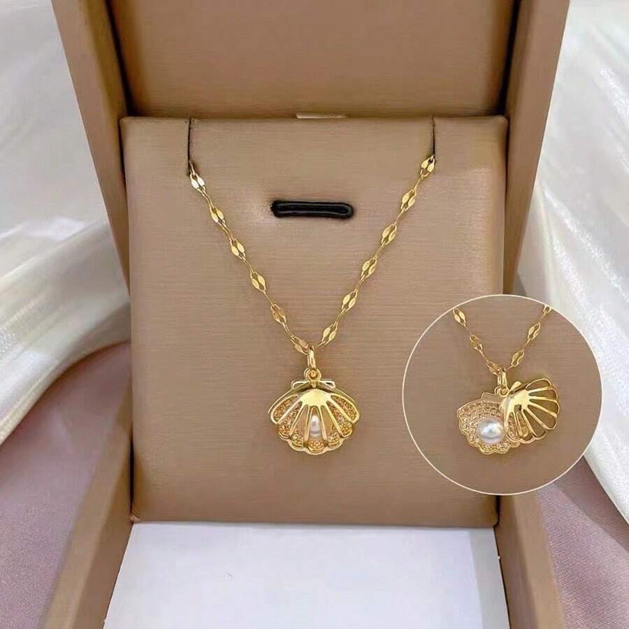 1pc Stainless Steel Micro Pave Zirconia Hollow Shell Pearl Necklace - Yellow Gold - View 1