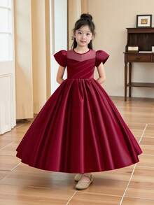 Tween Girls' Formal Linen Dress, Princess Formal Piano Recital Gown
