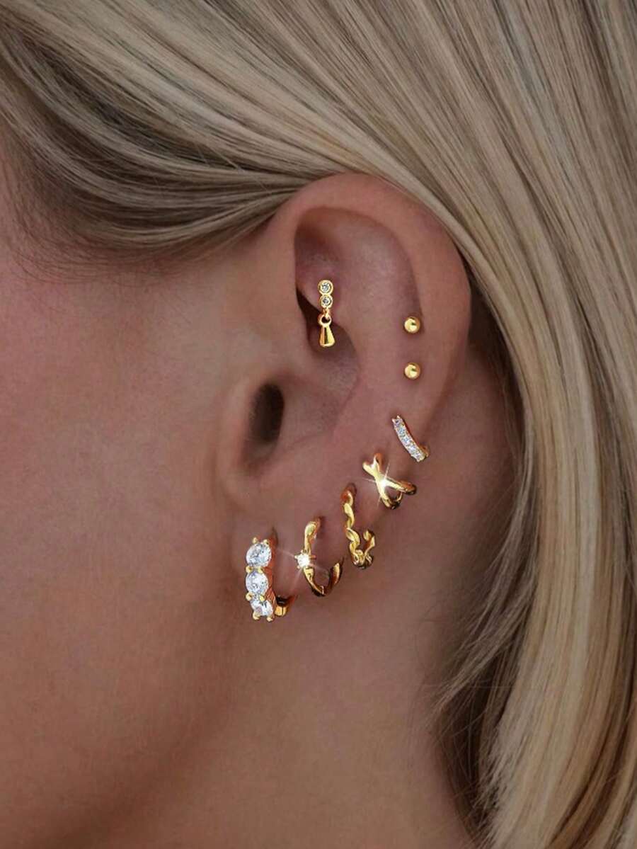 Set de 8 piezas de pendientes de aro de circonita cúbica minimalistas, diseño elegante para citas, fiestas y uso diario de mujeres - Amarillo Oro - Ver 1