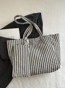 Bolso de gran capacidad de estilo casual a rayas, bolso de compras, vacaciones y escuela, set de 2 piezas con monedero y dije
