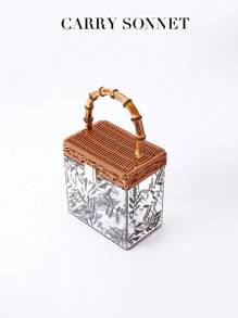 Bolso de mano de acrílico con asa de bambú y cierre de metal. En un estilo clásico retro, ideal para vacaciones, ir y venir y uso diario. Un romántico bolso cruzado cuadrado tipo caja, diseñado para mujeres. Excelente como regalo para maestros, esencial para vacaciones y viajes.