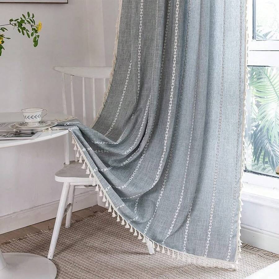 Boho Curtains 84 Inches Long Bedroom, Taupe Cotton Linen White Stripes Embroidery, Chic Hollow Geometric, Semi Blackout Window Vintage Drape With Tassels, 1 Panel W52 X L84, Fashionable Home Decor - 灰色 - 查看 1