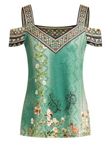 Abbigliamento estivo da donna, indumenti da vacanza, maglietta grafica con spalle scoperte, blusa elegante per uso all'aperto
