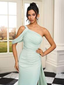 Green Sexy Off-Shoulder Evening Gown, Romantic Wedding Guest Bridesmaid Party High Slit Asymmetrical Dress - Mint Green - View 3