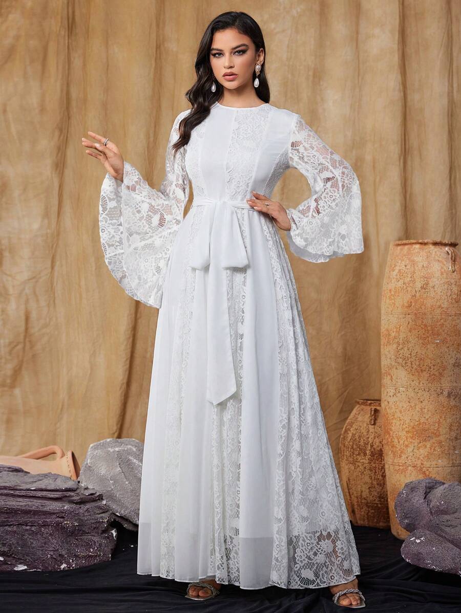 Vestido de Noiva de Luxo Feminino de Renda, Manga Sino, Estilo Boêmio, Casamento ao Ar Livre, Vestido de Noiva Formal Elegante
