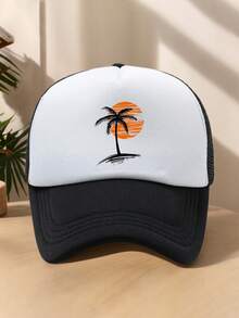 1pc Men's Black Coconut Tree, Sunrise, Sunset Line Cartoon Patchwork Contrast Color Adjustable Outdoor Casual Sports Beach Printed Polyester (Polyester) Mesh Foam Net Truck Driver Cap Baseball Cap, Suitable For Daily Decor, Spring/Summer/Autumn - A - View 7