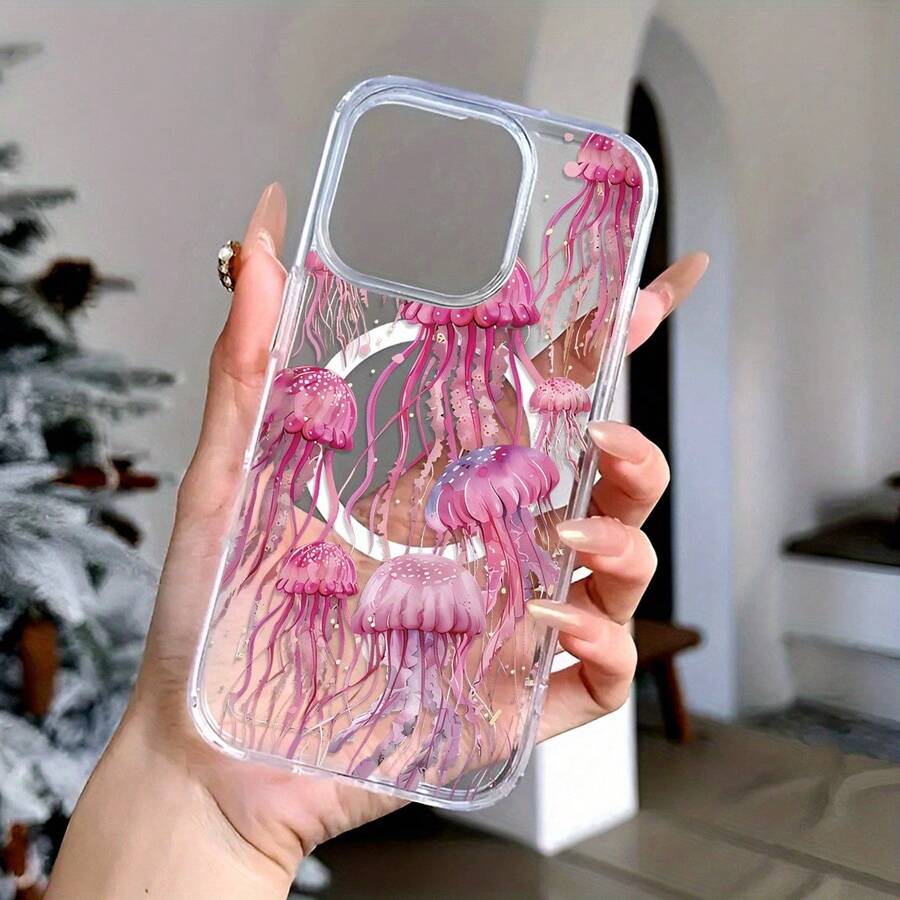 Pink Jellyfish Art Element Pattern Printing Mobile Phone Case Is Suitable For IPhone16 15 14 13 12ProMAX Soft Edge 11 Shock-Proof Protective Case, Suitable For Gifts For Male And Girlfriend - trong suốt - Xem 1