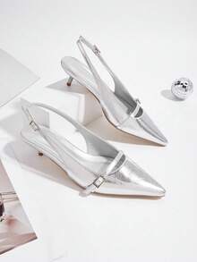 Women's Metal Buckle Pointed Toe High Heel Pumps, Spring/Summer - Silver - View 1