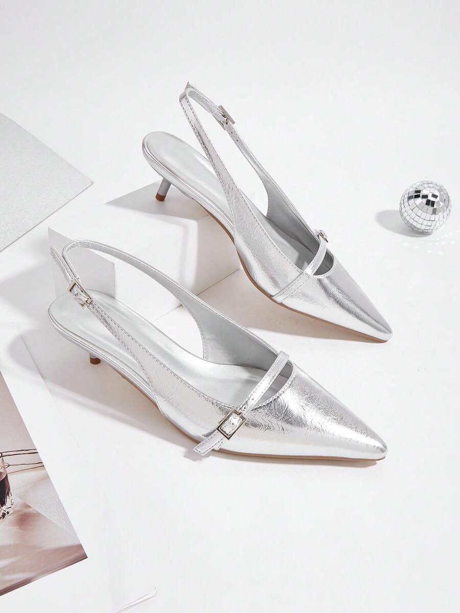 Women's Metal Buckle Pointed Toe High Heel Pumps, Spring/Summer - Silver - View 1
