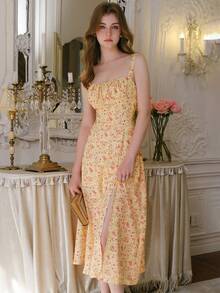 Đầm yếm hoa đơn giản hàng ngày cho nữ - Màu vàng - Xem 4