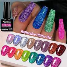 Mtssii 8PCS/Set 7ml Fluorescent Color Reflective Nail Gel Polish Kit Sparkling Shining Glitter Pink Red Color Nail Supplies Semi Permanent Soak Off UV Gel Varnish Sparkle Effect Nail Art Manicure - 彩色 - 查看 5
