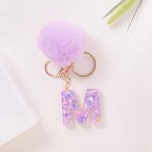 冬季圣诞节假日礼物家居装饰 - 粉色爱心字母钥匙扣，带柔软蓬松的绒球，甜美包包挂饰，A-Z 26个字母吊坠