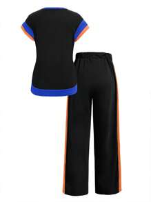 Spring Summer Women's Casual Fashion Color-Block Two Pieces Set: Short Sleeve Round Neck Loose Top With Long Pants, Versatile Outfit For Outings