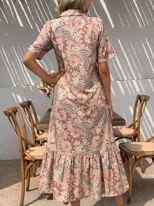 Elegante vestido largo árabe para mujer de tela tejida con mangas cortas, cuello en V y detalles de patrón con alambre, para primavera - Albaricoque - Ver 3
