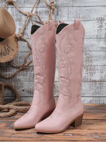 2025 Spring/Autumn New Women Plus Size Embroidered Western Style Leather Knee-High Boots, Outdoor Fashion