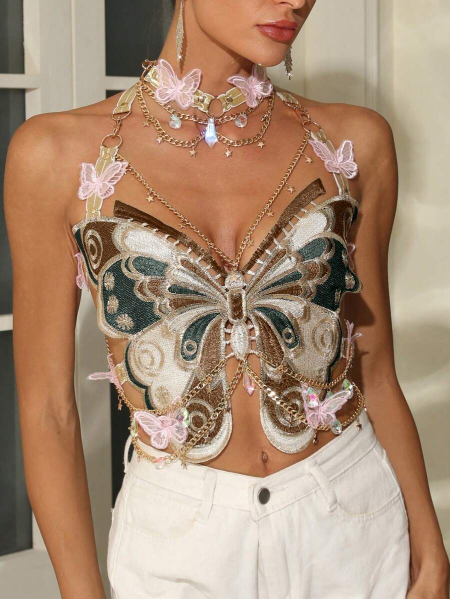 Áo ngực corset đính pha lê thêu hình bướm, dây thun kim loại, có vòng cổ - Màu xanh lá cây đậm - Xem 1