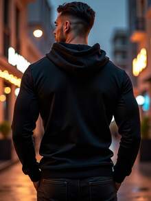 Plain Sweatshirt Kangaroo Unisex Cotton Flannel Front Pocket Adjustable Hooded Blouse Fashion - 黑色 - 查看 3