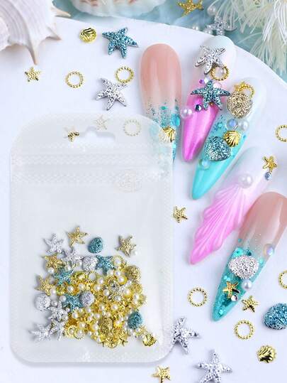 1 paquete de decoraciones de arte de uñas con conchas marinas, estrellas de mar y remaches metálicos, clavos de uñas 3D con perlas y conchas marinas y estrellas de mar, accesorios de uñas de verano