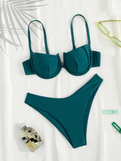 Nuovo set da bikini alla moda e sexy da donna con reggiseno con ferretto e tinta unita