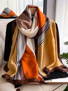 1 件女士几何印花仿丝围巾，时尚百搭防晒披肩，旅行和日常装饰，春秋