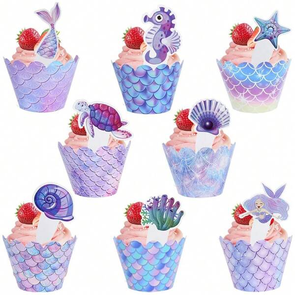 16pcs Mermaid Theme Cupcake Topper Wrapper Creative Marine Shell Turtle Cake Decoration For Birthday Party Decorations,Wedding Decor,Outdoor Decor,Party Supplies