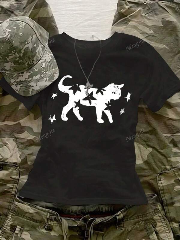 Women's Summer Cat & Pentagram Graphic Black Round Neck Casual T-Shirt
