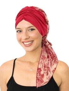 1pc European And American Style Floral Pleated Headband Cap For Women, Fashionable Printed Chiffon Long Tail Headdress Cap