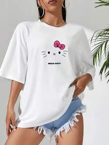 Sanrio 1 Pc Hello Kitty Women Casual Cartoon Print Round Neck Short Sleeve T-Shirt Graphic Shoulder Tees Women Tops Loungewear Base Layers - White - View 6