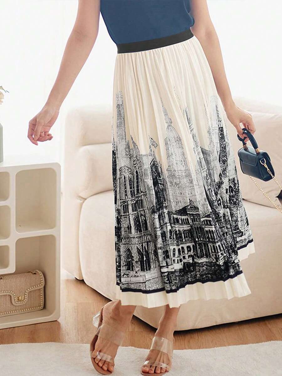 Falda plisada de largo medio con estampado arquitectónico de tinta elástica en cuatro direcciones de 120 g - Blanco y Negro - Ver 1