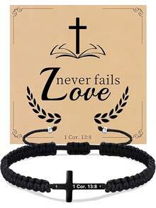 Goodwaro 1 件 18K 镀金不锈钢基督教礼物十字架手链，男/女手工编织信仰励志祈祷珠宝礼物 - 黑色 - 查看 23