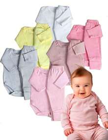 6 Piece Set Long Sleeve Bodysuit And Foot-Wrapped Trousers 100% Cotton Baby Boy And Girl Layette Newborn To 12 Months Motherhood 3 Trousers And 3 Bodysuits - 淺粉色 - 查看 2