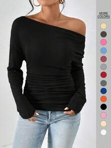 Women's Plain Minimalist Basic Ruched Asymmetrical Neck Drop Shoulder Tee, Elegance Mufti Clothes, Fall Long Sleeve T-Shirt For Everyday, Back To School T Shirts, Lady Clothes For Streetwear, Womenswear, Casual Wear - 黑色 - 查看 1