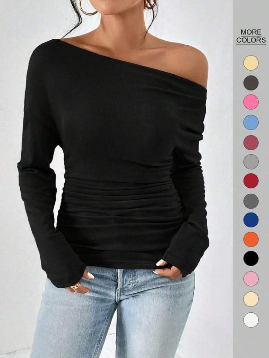 Women's Plain Minimalist Basic Ruched Asymmetrical Neck Drop Shoulder Tee, Elegance Mufti Clothes, Fall Long Sleeve T-Shirt For Everyday, Back To School T Shirts, Lady Clothes For Streetwear, Womenswear, Casual Wear - 黑色 - 查看 1
