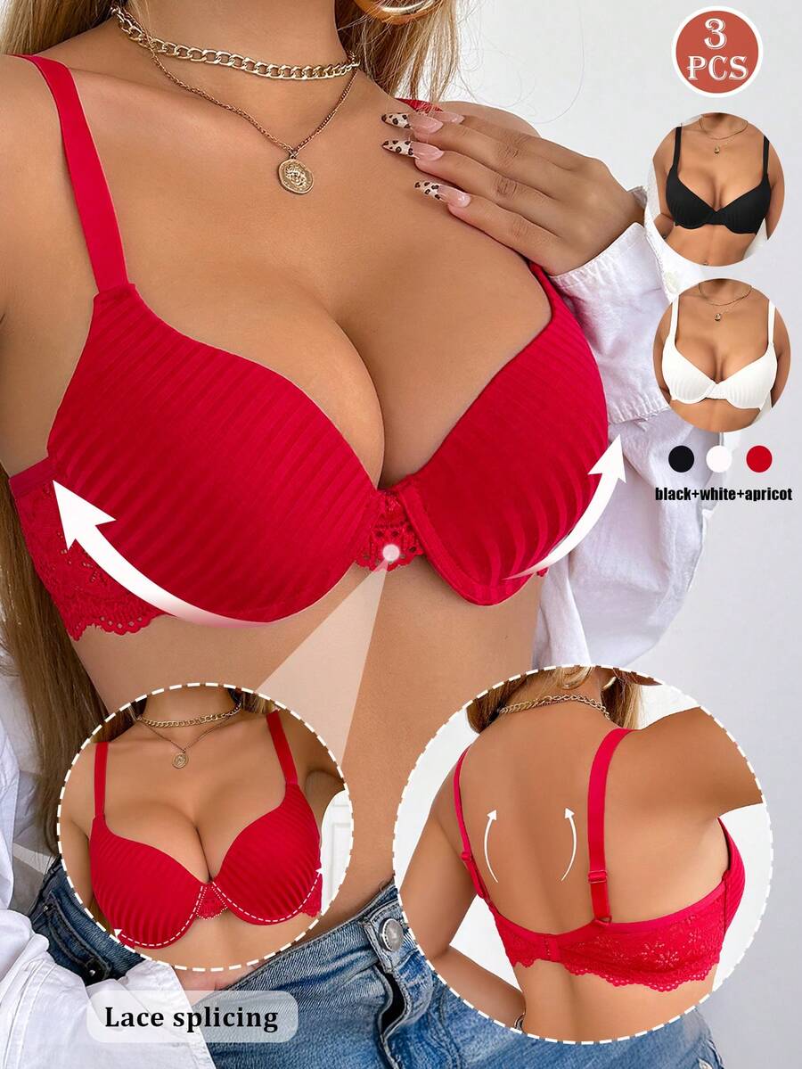 3pcs Lace Romantic French Underwire Non-Removable Padded High Support Bra Set For Women - Multicolor - View 1