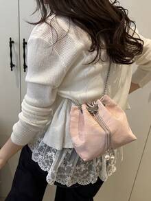 Casual & Popular Drawstring One Shoulder Bucket Bag, Vintage Design For Women - Pink - View 4