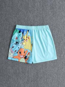 pokemon Pantalones cortos de verano informales para hombres con estampado de dibujos animados y cordón a la cintura