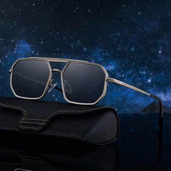 1pc New Fashion Sunglasses For Men, Retro Casual Street Style European And American Chic Metal Square Frame Double-Bridge Spring Legs Simple Stylish Outdoor Driving Protective Eyewear, Suitable For Daily Wear