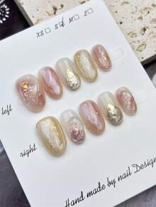 10片中号椭圆形假指甲，闪亮透明多色融合，优雅金色箔片和闪亮元素设计，光泽亮丽，100%纯手工制作，按压式亚克力指甲，可重复使用。美甲用品套装包含1片果冻胶、1根胶棒和1把指甲锉，适合女性日常或派对佩戴。 - 彩色 - 查看 3