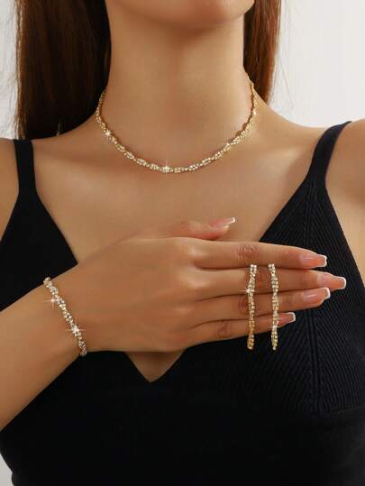 4pcs Full Rhinestone Geometric Exquisite Versatile High-End Necklace, Earring And Bracelet Jewelry Set, Suitable For Women's Daily Commute, Campus Date, Wedding Party, Valentine's Day, Holiday Gift