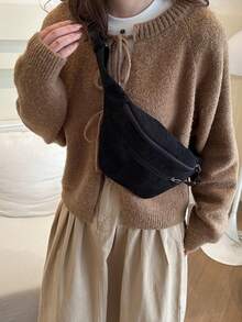 时尚纯色拉链腰包，灯芯绒胸包，适合购物、钱包、年轻女性、大学生、新人、白领人士。非常适合办公室、大学、工作、商务、通勤、户外活动、旅行和郊游。 - 黑色 - 查看 4