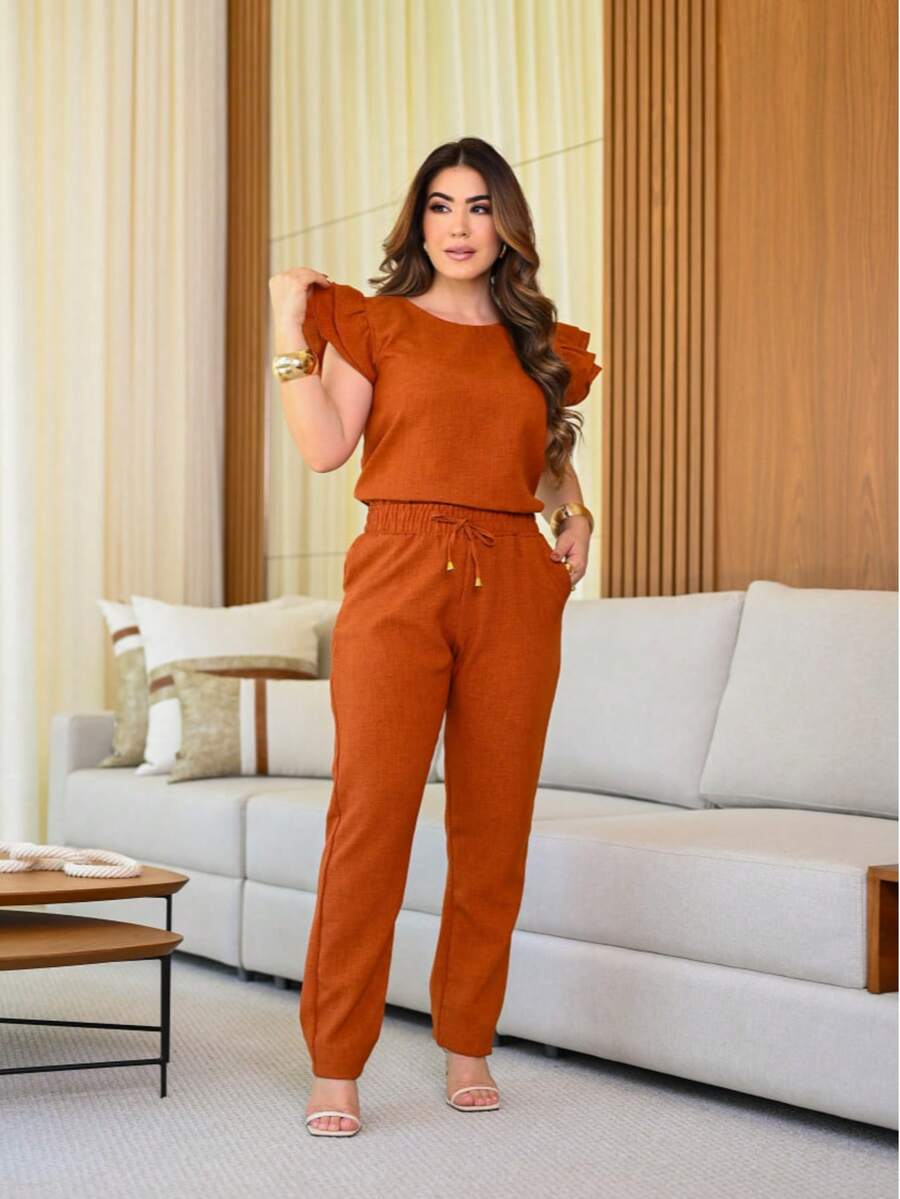 Women's Scrub Set Hospital Lab Coat 2 Pieces Casual Elegant Pleated Blouse Linen Pants With Delicate Detail On The Sleeve Colors Fashion Spring Summer 2025 Women's Clothing - 赤陶/絨毛 - 查看 1