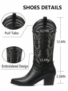 Retro Women Western Boots Embroidery Chunky High Heels Mid Calf Cowgirl Cowboy Shoes Fashion Women Ridding Boots - 黑色 - 查看 7