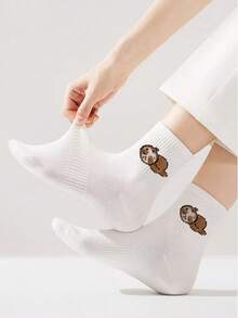 5 Pairs Unisex Casual Cute Cartoon Sloth Animal Print Crew Socks, Comfortable And Fashionable, Suitable For Summer Skirts, Shorts, And Flats Outfit Pairing, Spring/Summer All Season, Exclusive Design, Fall - White - View 5
