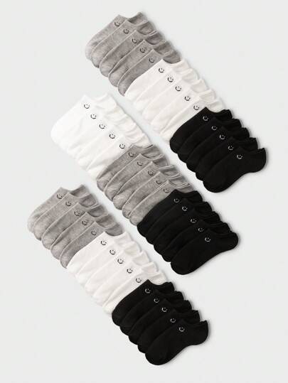 1/5/10/15/20 paia di calzini da barca sottili per uomo/coppia, serie classica in nero/bianco/grigio, design con faccina sorridente, morbidi e traspiranti sulla pelle, calzini sportivi casual alla moda e invisibili, adatti per feste, ritorno a scuola, viaggi di vacanza, abbinamento quotidiano (disponibili in più confezioni)