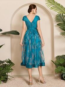 Mgiacy,New Arrival,V Neck,Elegant,Evening Gown Dress,Satin Ribbon,Short Sleeve,Mini Dress,FOR,Dinner Party - Teal Blue - View 2