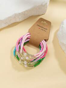 12pcs/Set Bohemian Beach Holiday Style Colorful Uniform Beaded Bracelet Set, Elastic Cord Faux Pearl CCB Beads Suitable For Women Resort Wear
