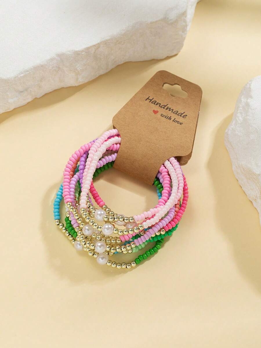 12pcs/Set Bohemian Beach Holiday Style Colorful Uniform Beaded Bracelet Set, Elastic Cord Faux Pearl CCB Beads Suitable For Women Resort Wear