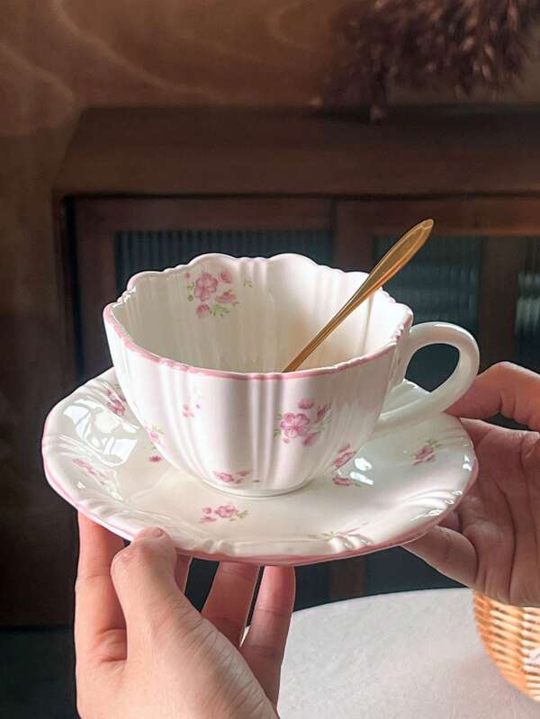 Pink Rim Floral Sakura Ceramic Dinnerware Set, Includes Sakura Ceramic Plates, Dessert Plates, Elegant Coffee Cups & Saucers, Suitable For Coffee, Breakfast, Afternoon Tea, Gifts, Parties, Christmas, Valentine's Day, Kitchen, Home Decor, Birthday, Party Supplies, Girlfriend/Boyfriend Gifts Back To School