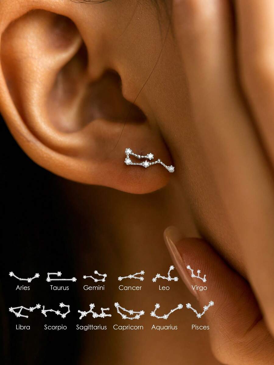SYMFNY 1 Pair Minimalist 925 Sterling Silver 12 Zodiac Sign Cubic Zirconia Stud Earrings, Suitable For Daily Wear And Festivals For Men & Women - Style 2 - View 1