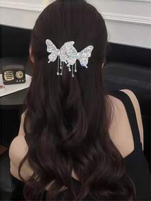1个/2个装女士闪亮水晶蝴蝶流苏爪夹，优雅派对/休闲发型配饰，适用于马尾辫、刘海、侧边装饰，可爱优雅的发爪发夹，发饰 - 銀色 - 查看 4